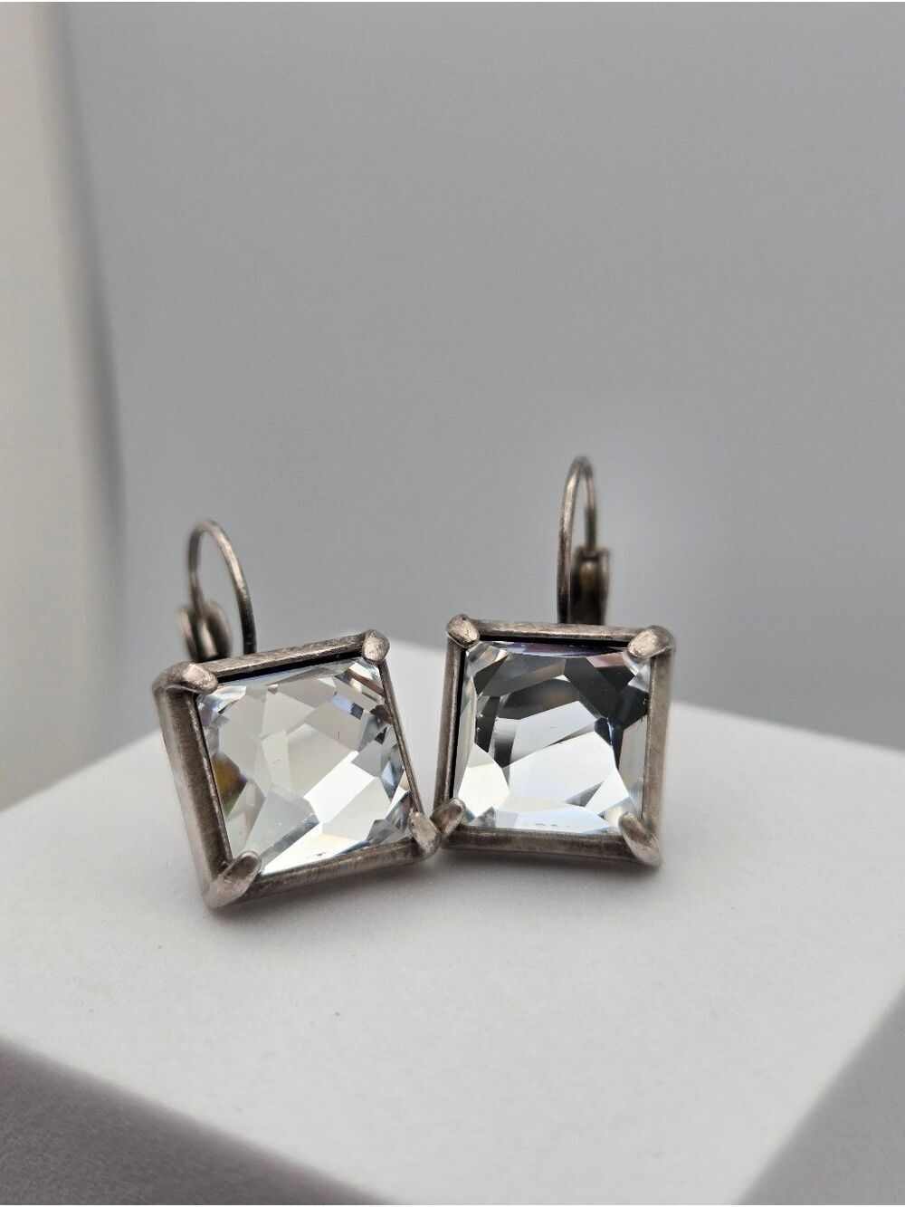 Myka Vintage Clear Crystal Headlight Leverback Earrings Square Cut Silver Tone